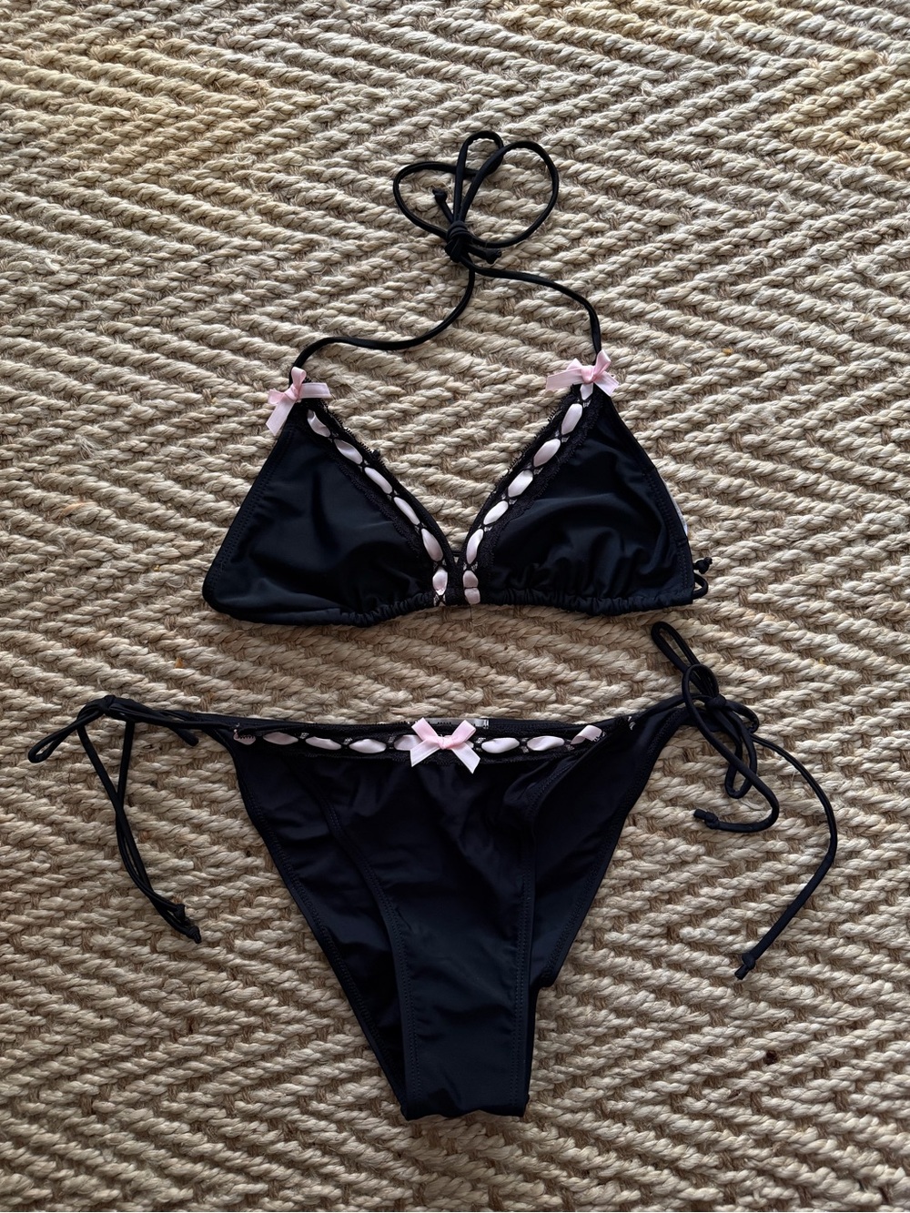 Black & Pink Tie-Side Triangle Bikini Set